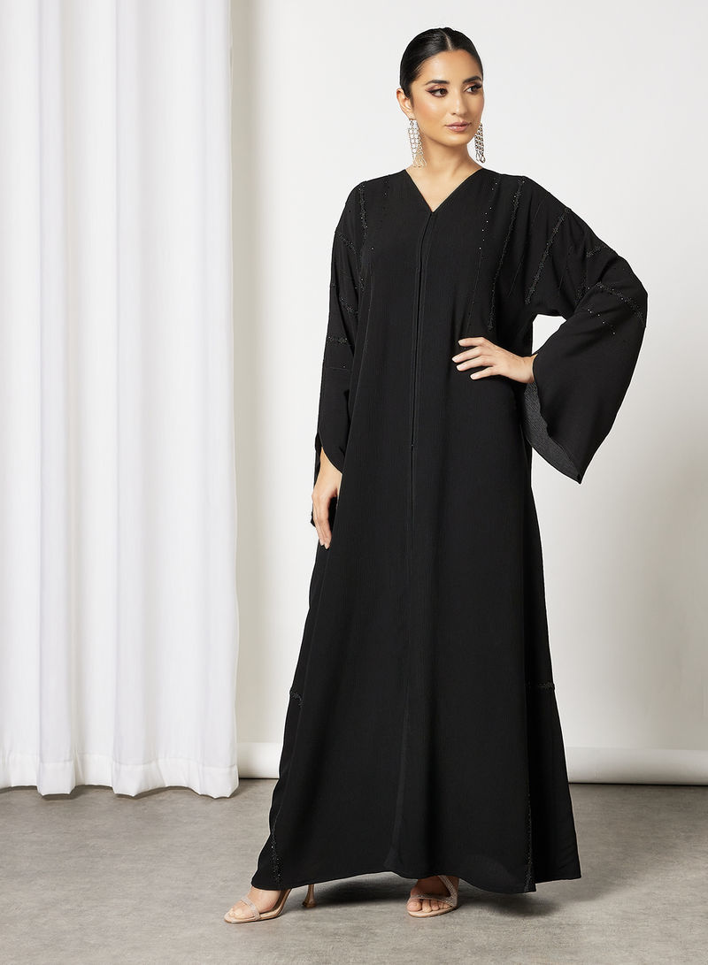 Bsi3589-Lace and beads embellished abaya with stylish sleeves