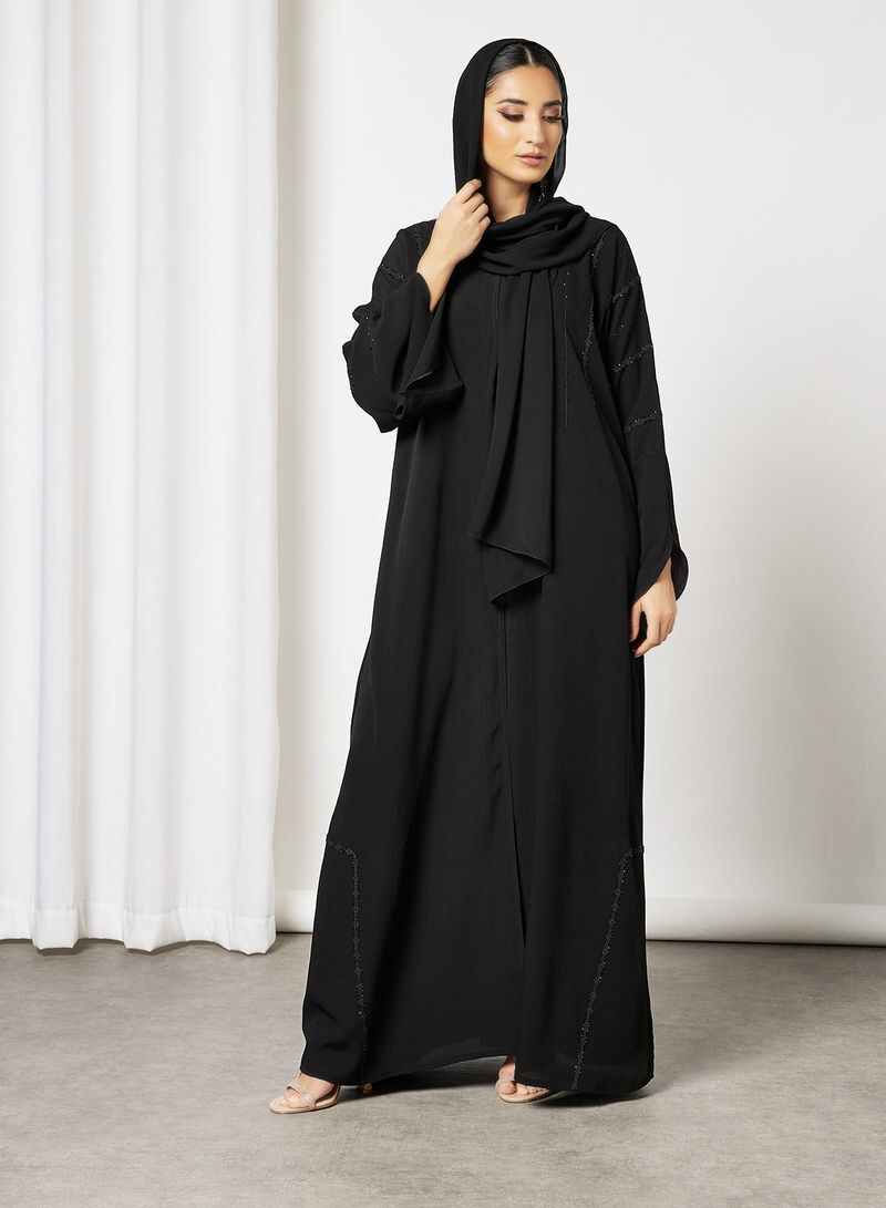 Bsi3589-Lace and beads embellished abaya with stylish sleeves
