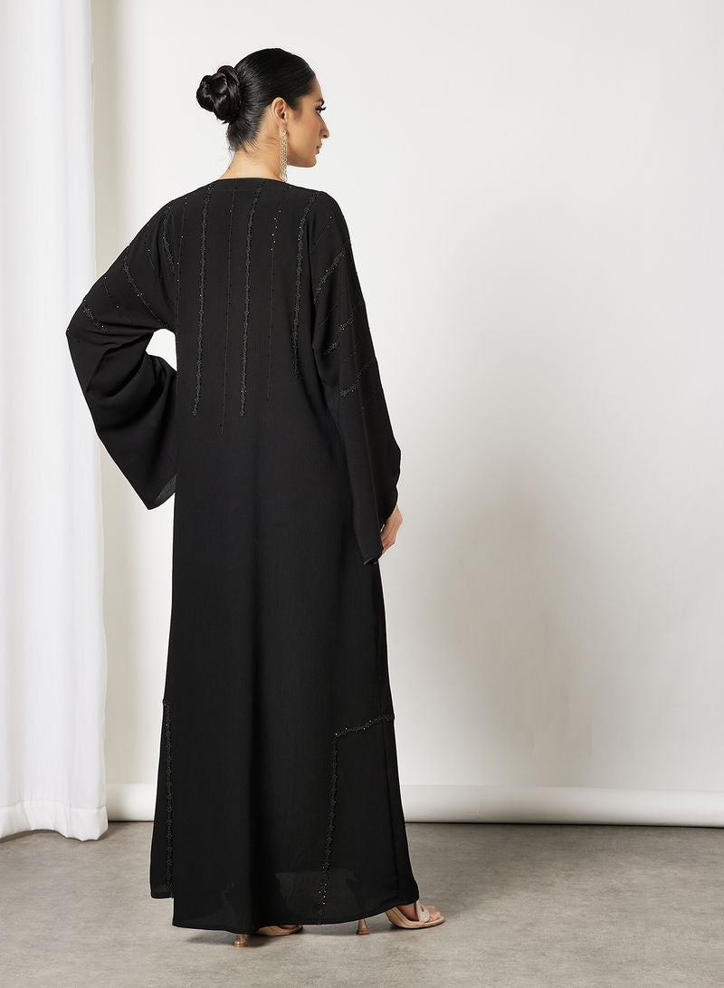 Bsi3589-Lace and beads embellished abaya with stylish sleeves