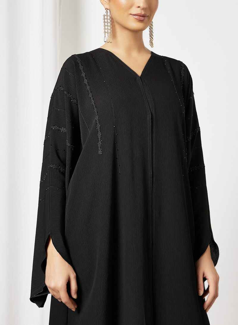 Bsi3589-Lace and beads embellished abaya with stylish sleeves