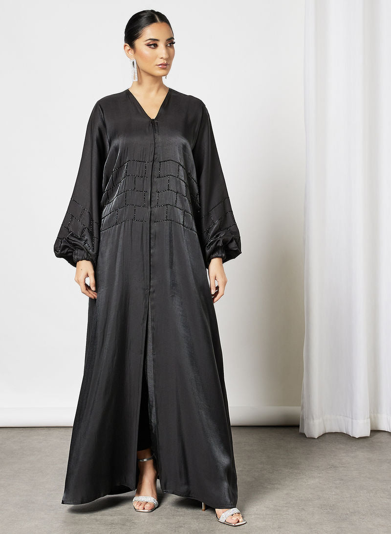 Bsi3595-Black satin beads embellished abaya with stylish sleeves