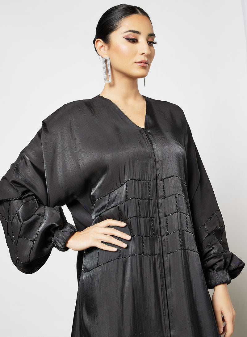 Bsi3595-Black satin beads embellished abaya with stylish sleeves