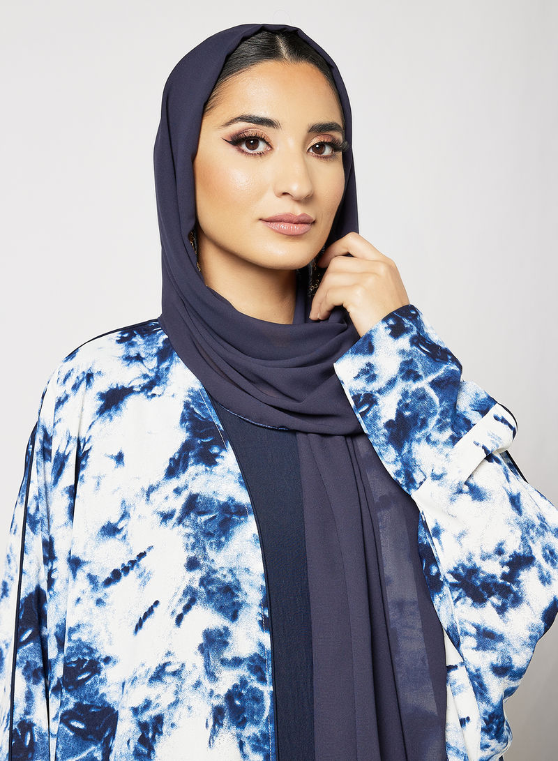 Bsi3604-Bahraini style blue & white tie and dye bisht abaya with inner