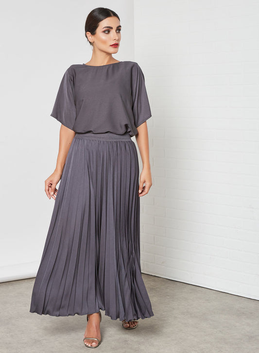 Bsid3254-Grey 2 piece dress set with pleated skirt