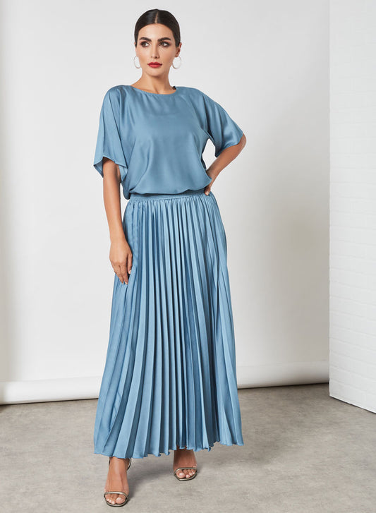 Bsid3265-Blue 2 piece dress set with pleated skirt