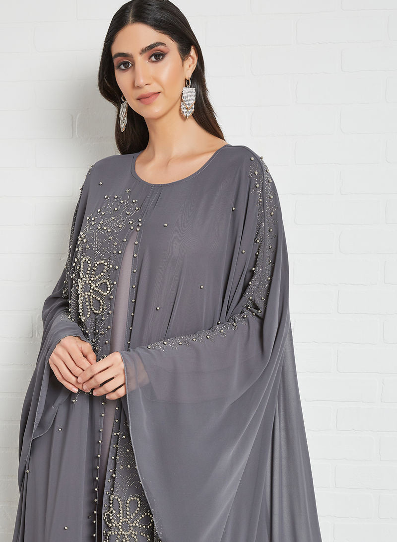 Pearls embellished farasha chiffon abaya with lining | Bsi3443