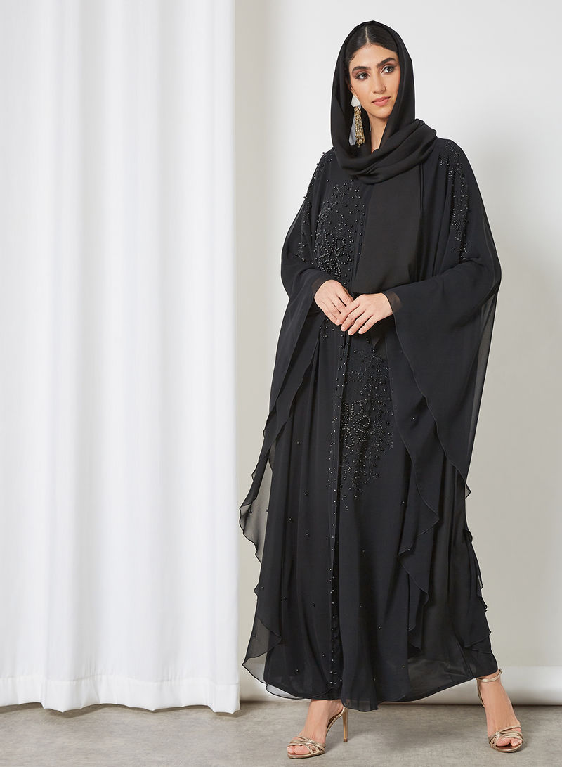 Pearls embellished farasha chiffon abaya with lining | Bsi3444