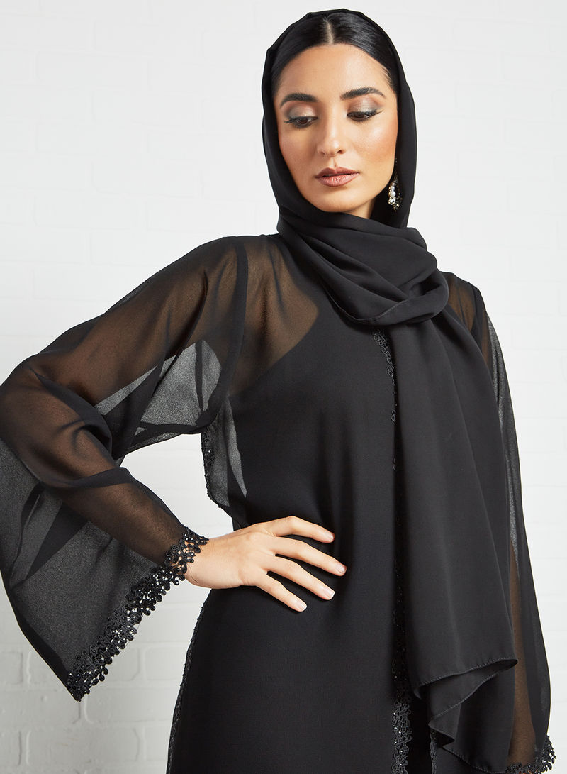Bsi3543-Lace embellished sheer abaya