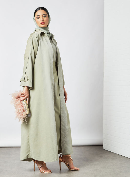 Bsi3545- Pistachio overcoat style 3-piece abaya with shirt and skirt