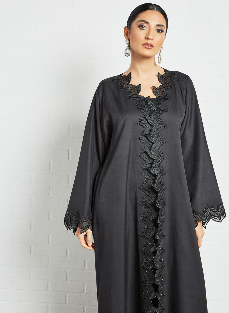 Bsi3546-Black cut work embroidered beads embellished abaya