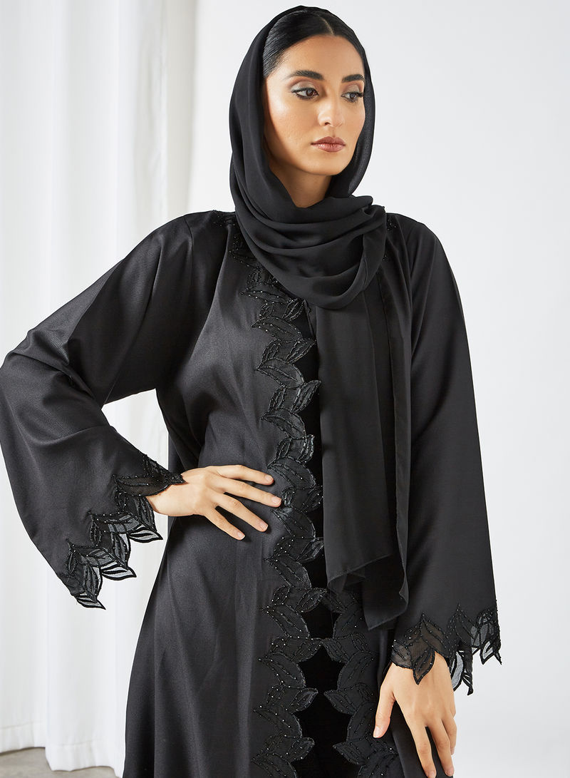 Bsi3546-Black cut work embroidered beads embellished abaya