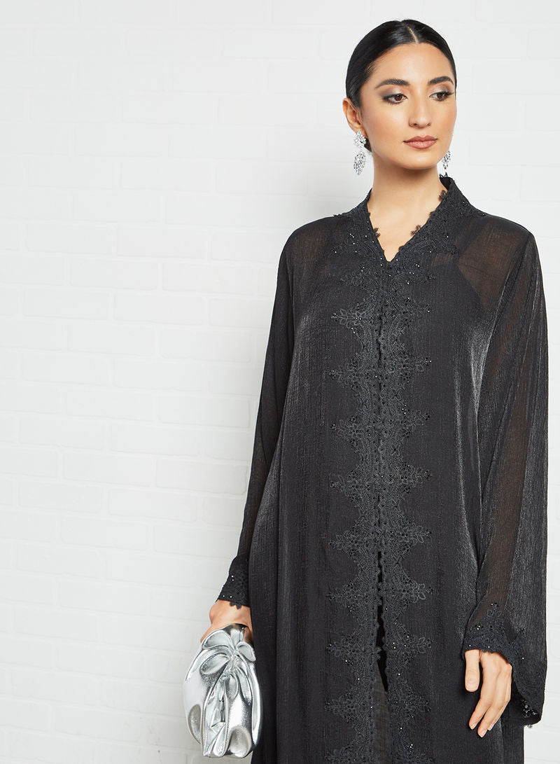 Bsi3548-Black lace and beads embellished abaya