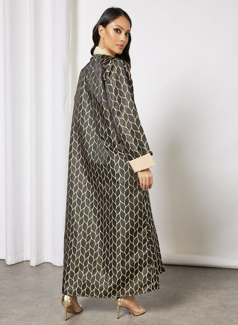 Bsi3670-Coat collared and pocket style self printed button embellished abaya